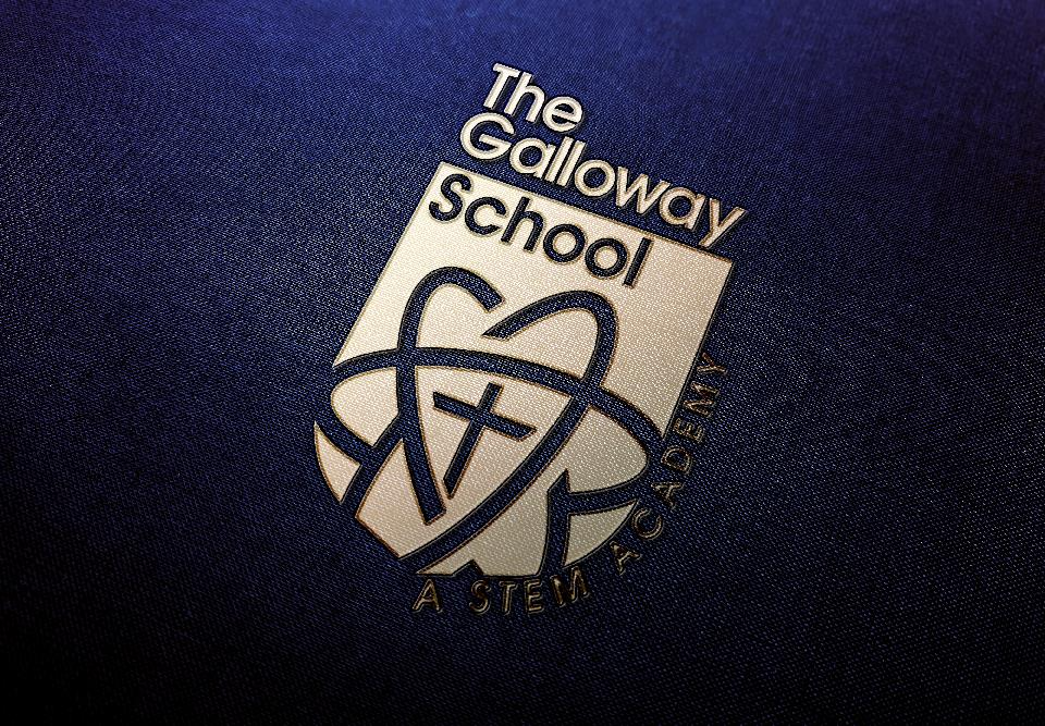 Galloway logo embossed in gold on navy