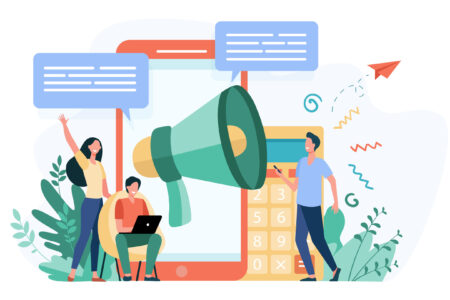 Bloggers advertising referrals. Young people with gadgets and loudspeakers announcing news, attracting target audience. Vector illustration for marketing, promotion, communication concept